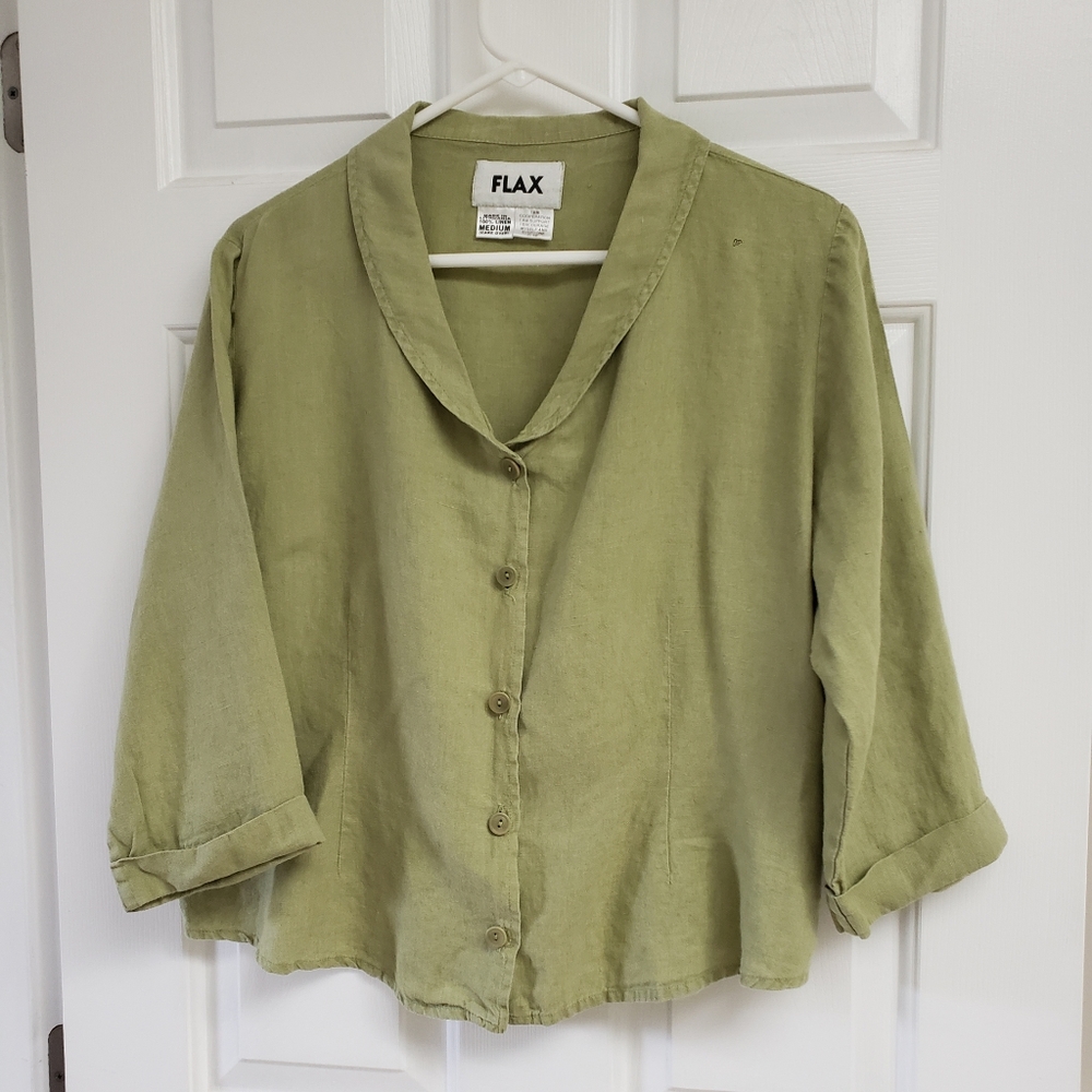 Flax medium green linen button-front blouse.